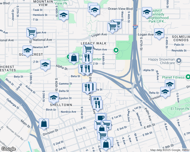 map of restaurants, bars, coffee shops, grocery stores, and more near 1445 South 43rd Street in San Diego
