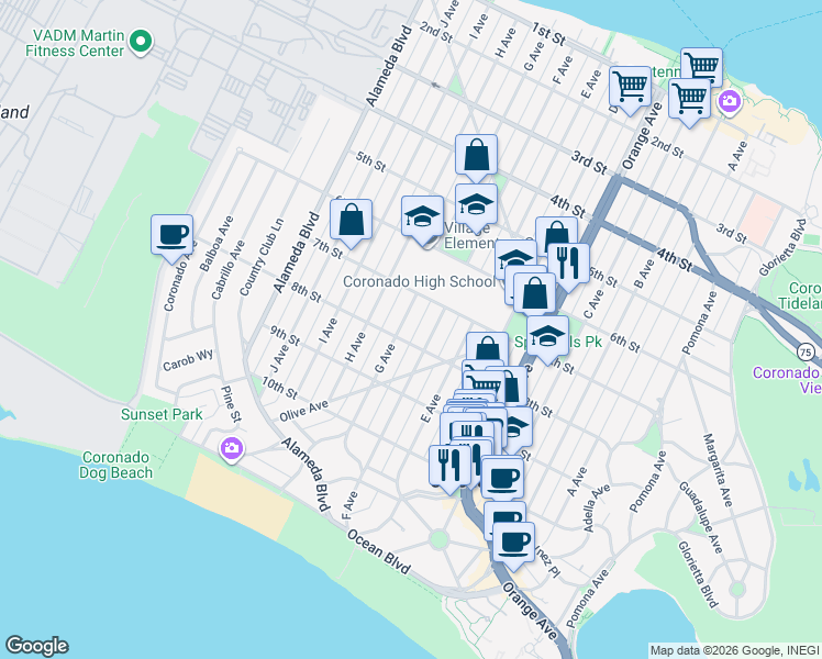 map of restaurants, bars, coffee shops, grocery stores, and more near 744 F Avenue in Coronado