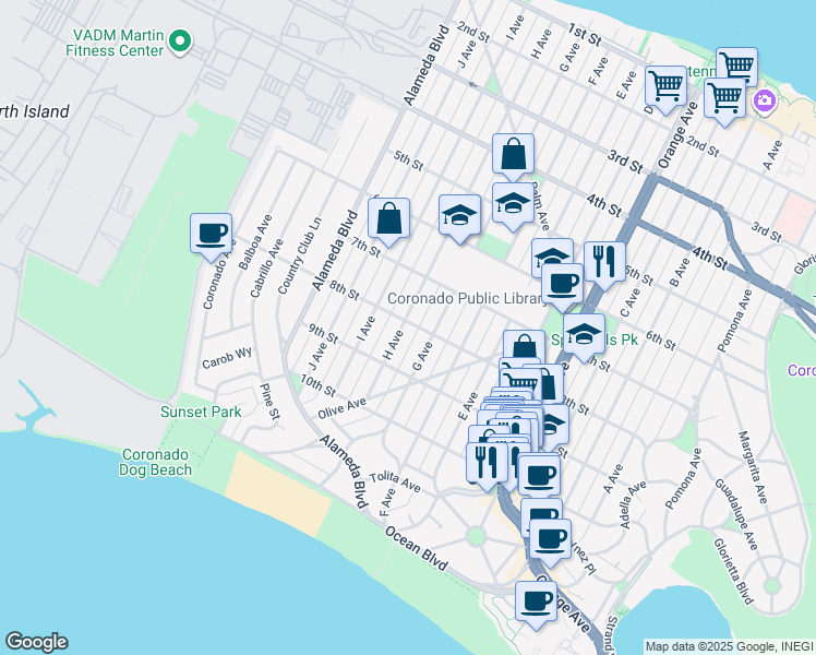 map of restaurants, bars, coffee shops, grocery stores, and more near 617 8th Street in Coronado