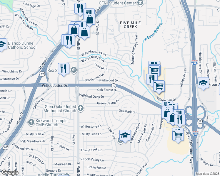 map of restaurants, bars, coffee shops, grocery stores, and more near 827 Oak Forest Drive in Dallas