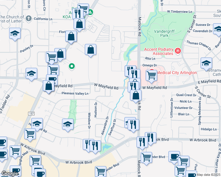 map of restaurants, bars, coffee shops, grocery stores, and more near 3401 Capri Lane in Arlington