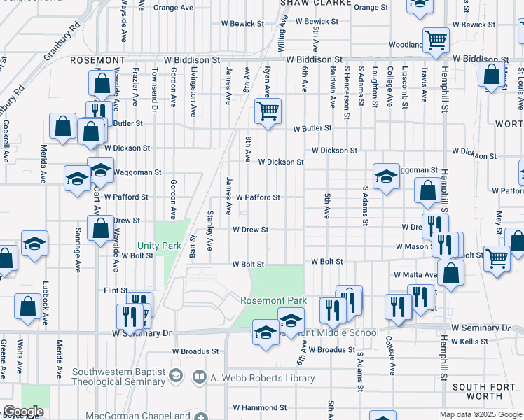 map of restaurants, bars, coffee shops, grocery stores, and more near 3913 Ryan Avenue in Fort Worth