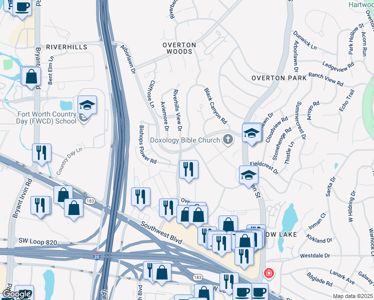 map of restaurants, bars, coffee shops, grocery stores, and more near 3864 Aviemore Drive in Fort Worth