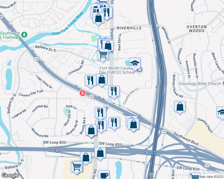 map of restaurants, bars, coffee shops, grocery stores, and more near 4255 Bryant Irvin Road in Fort Worth