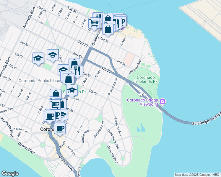 map of restaurants, bars, coffee shops, grocery stores, and more near 500 Pomona Avenue in Coronado