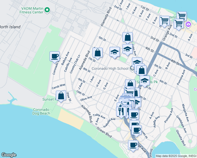 map of restaurants, bars, coffee shops, grocery stores, and more near 812 H Avenue in Coronado