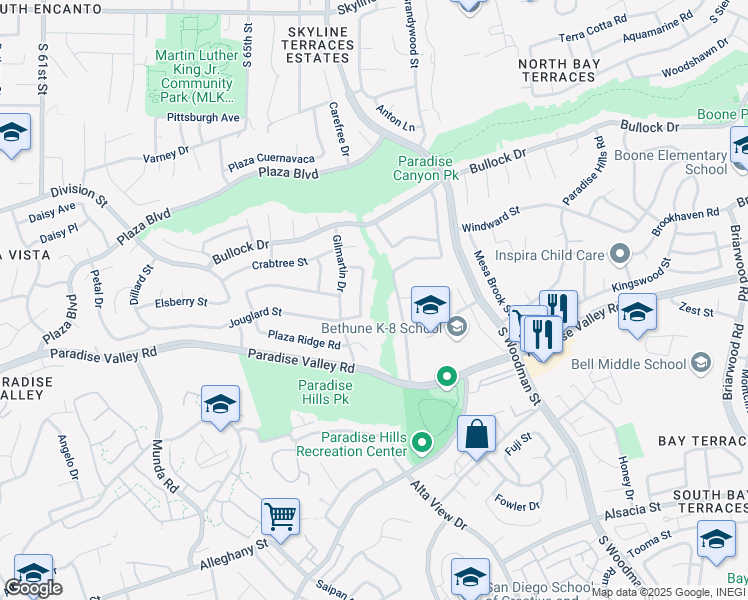 map of restaurants, bars, coffee shops, grocery stores, and more near 1715 Plaza Crest Ridge Rd in San Diego