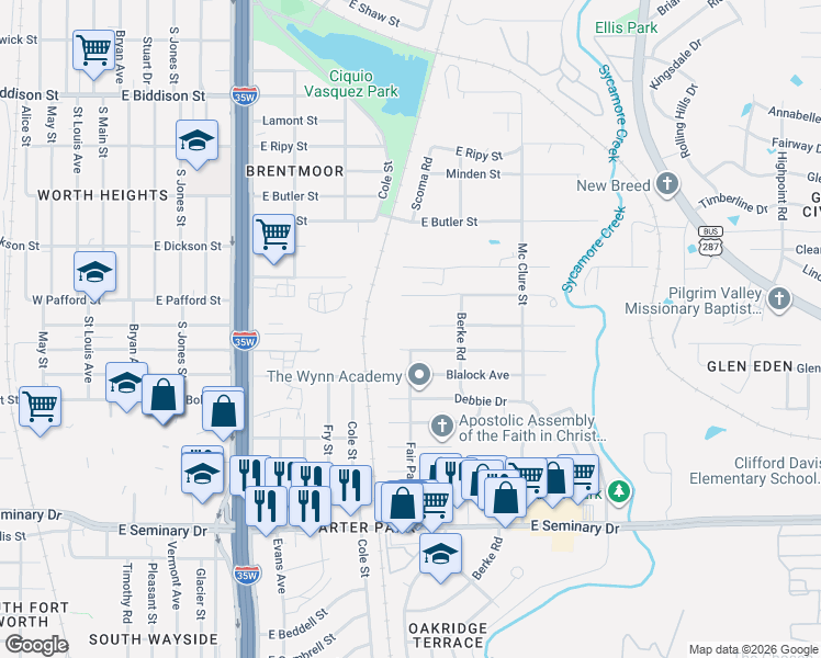 map of restaurants, bars, coffee shops, grocery stores, and more near 1139 Blodgett Avenue in Fort Worth