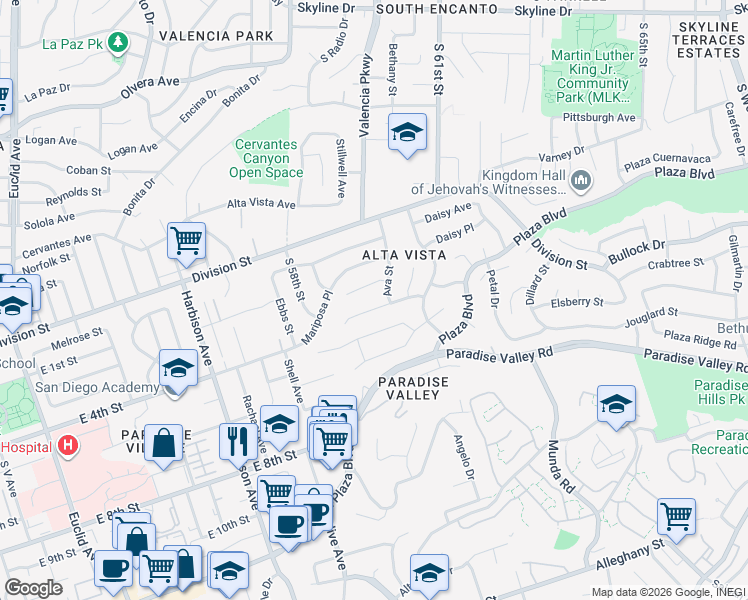 map of restaurants, bars, coffee shops, grocery stores, and more near 1595 Ava Street in San Diego