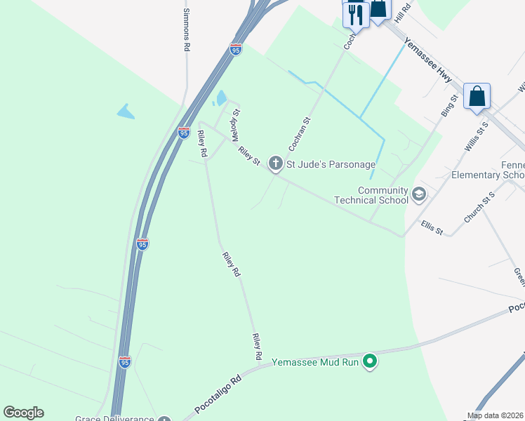 map of restaurants, bars, coffee shops, grocery stores, and more near 27 Thomas Street in Yemassee