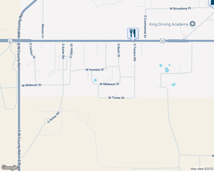 map of restaurants, bars, coffee shops, grocery stores, and more near 2505 1/2 West Midwest Street in Hobbs