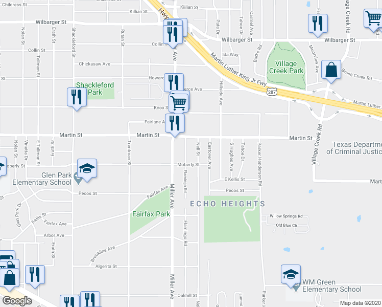 map of restaurants, bars, coffee shops, grocery stores, and more near 4821 Flamingo Road in Fort Worth