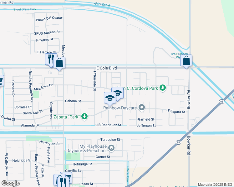 map of restaurants, bars, coffee shops, grocery stores, and more near 2186 G Woo Avenue in Calexico