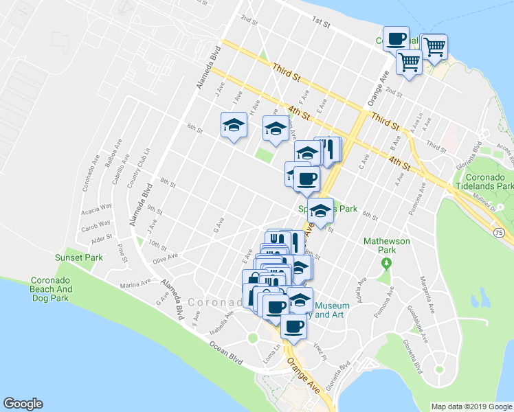 map of restaurants, bars, coffee shops, grocery stores, and more near 727 F Avenue in Coronado
