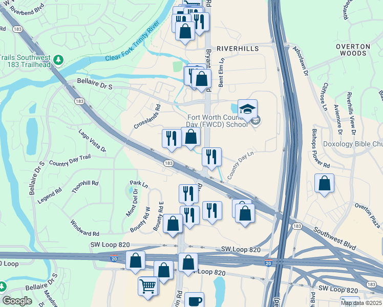 map of restaurants, bars, coffee shops, grocery stores, and more near 6006 Southwest Boulevard in Fort Worth