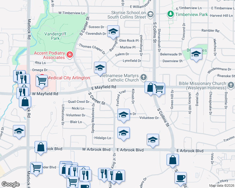 map of restaurants, bars, coffee shops, grocery stores, and more near 3410 Foxford Trail in Arlington