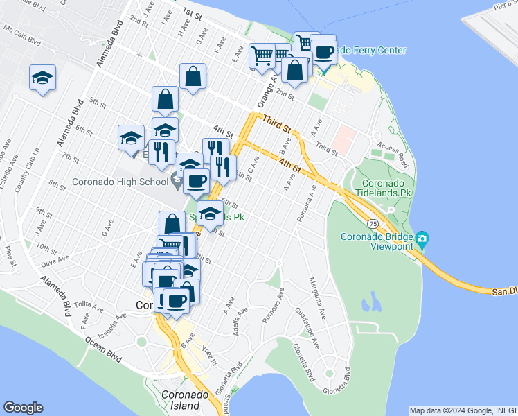 map of restaurants, bars, coffee shops, grocery stores, and more near 559 B Avenue in Coronado