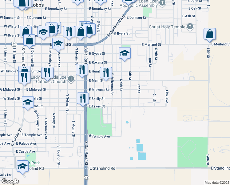 map of restaurants, bars, coffee shops, grocery stores, and more near 1004 South Jefferson Street in Hobbs