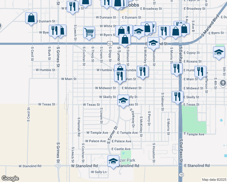 map of restaurants, bars, coffee shops, grocery stores, and more near 115 W Midwest St in Hobbs