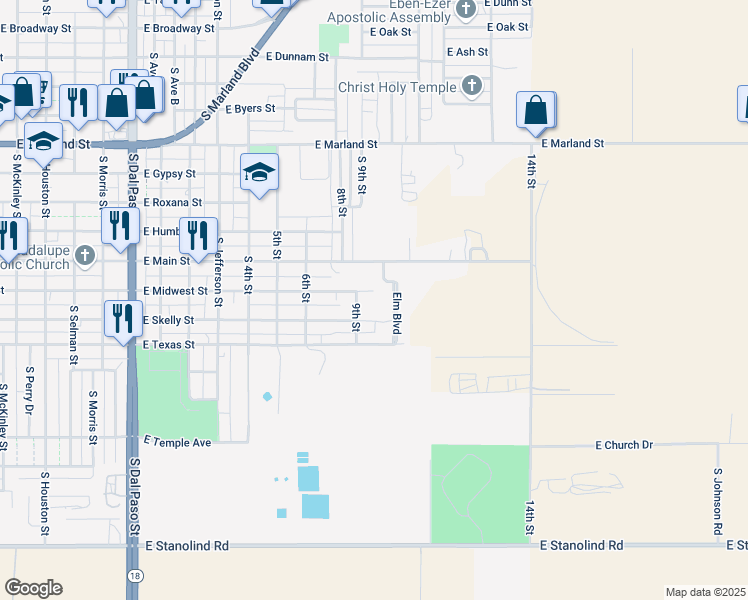 map of restaurants, bars, coffee shops, grocery stores, and more near 1615 East Midwest Street in Hobbs