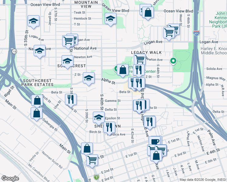 map of restaurants, bars, coffee shops, grocery stores, and more near 4079 Beta Street in San Diego