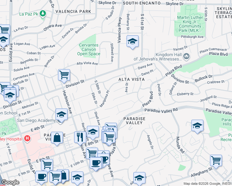 map of restaurants, bars, coffee shops, grocery stores, and more near 5841 Ava Pl in San Diego