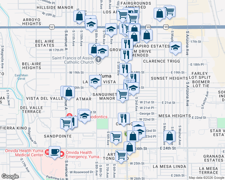 map of restaurants, bars, coffee shops, grocery stores, and more near 2027 South 6th Avenue in Yuma