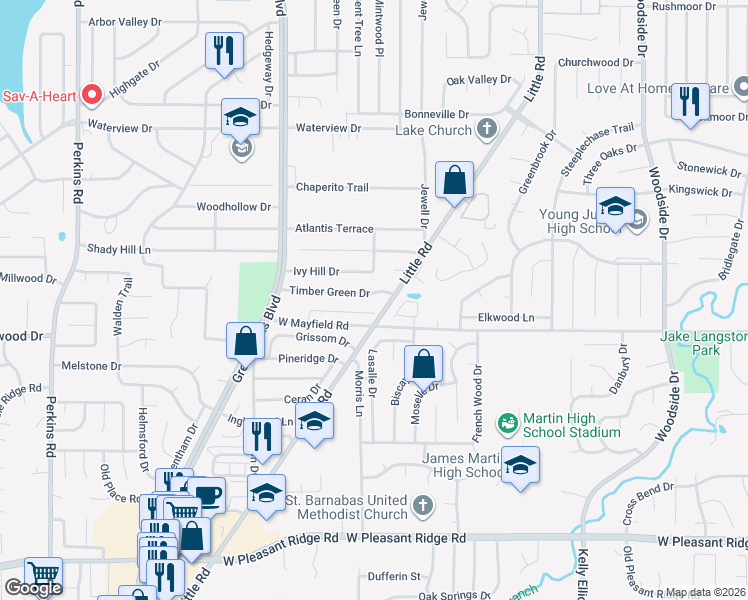 map of restaurants, bars, coffee shops, grocery stores, and more near 5206 Timber Green Drive in Arlington