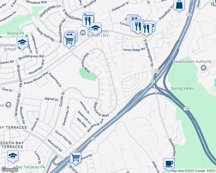 map of restaurants, bars, coffee shops, grocery stores, and more near 2129 Manzana Way in San Diego