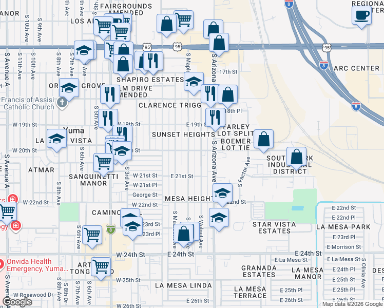 map of restaurants, bars, coffee shops, grocery stores, and more near 2003 East 20th Street in Yuma