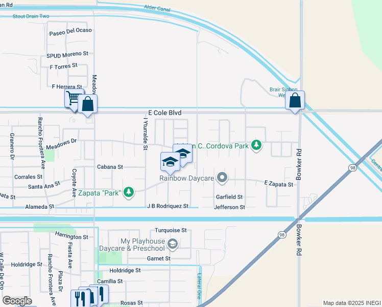 map of restaurants, bars, coffee shops, grocery stores, and more near 2186 G Woo Avenue in Calexico