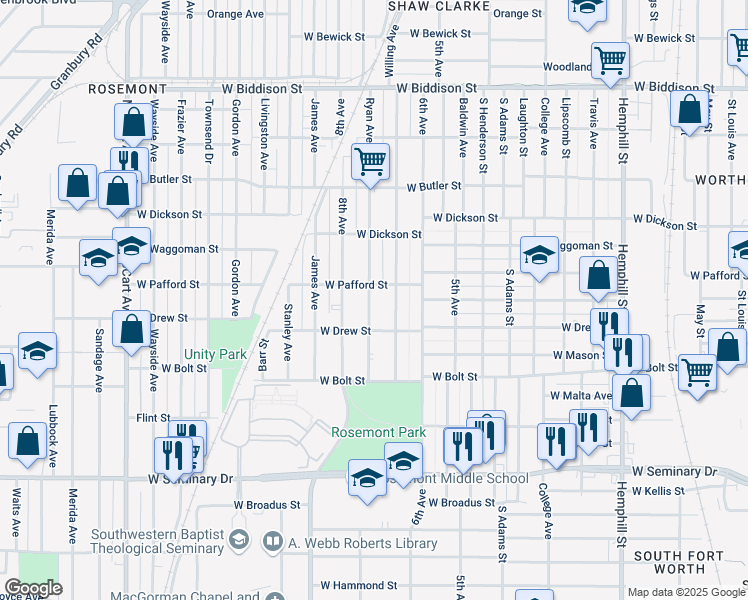 map of restaurants, bars, coffee shops, grocery stores, and more near 3913 Ryan Avenue in Fort Worth