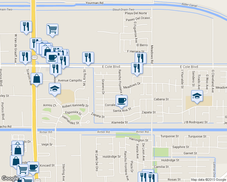 map of restaurants, bars, coffee shops, grocery stores, and more near 969 A. Rioseco Street in Calexico