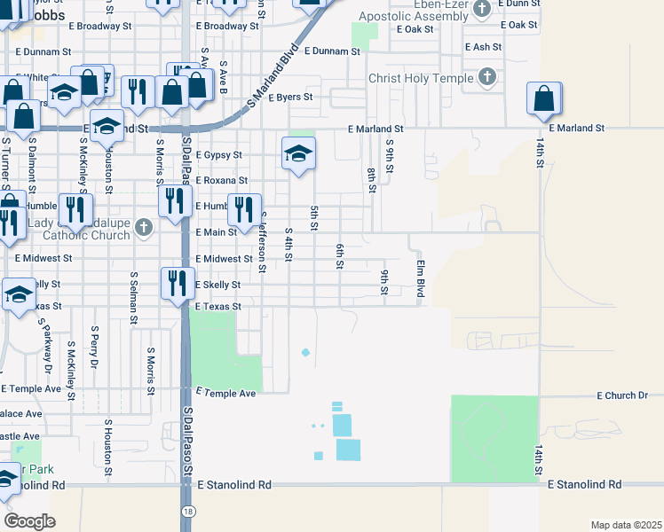 map of restaurants, bars, coffee shops, grocery stores, and more near 1317 East Midwest Street in Hobbs