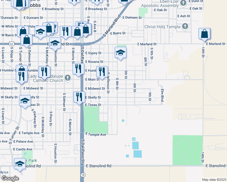 map of restaurants, bars, coffee shops, grocery stores, and more near 1004 South Jefferson Street in Hobbs