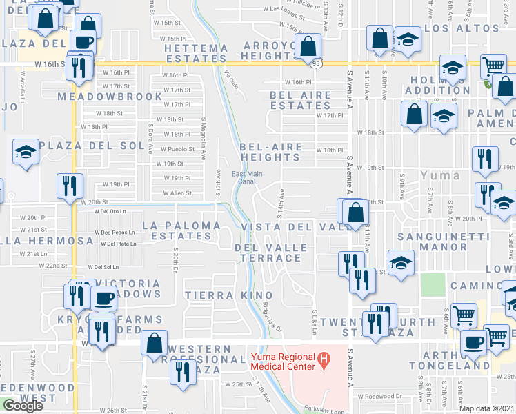 map of restaurants, bars, coffee shops, grocery stores, and more near 1901-2087 Ridgeview Drive in Yuma