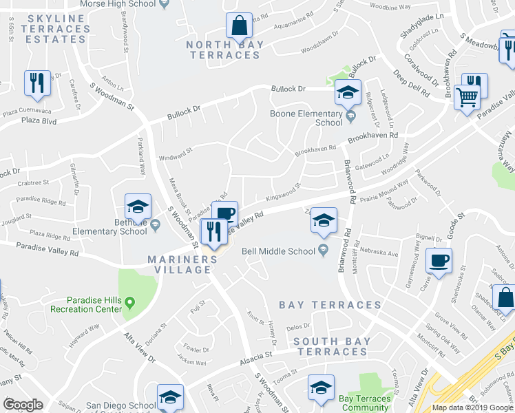 map of restaurants, bars, coffee shops, grocery stores, and more near 579 Kingswood Street in San Diego