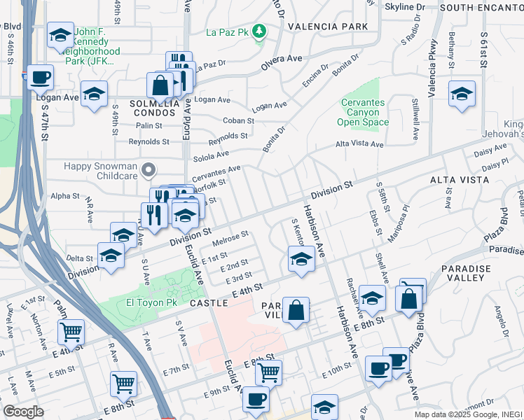 map of restaurants, bars, coffee shops, grocery stores, and more near 14 North Drexel Avenue in National City