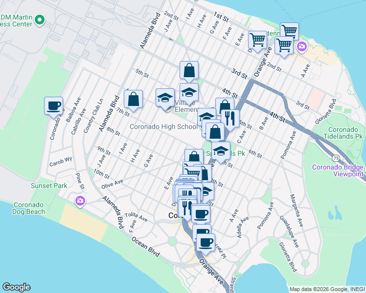 map of restaurants, bars, coffee shops, grocery stores, and more near 706 E Avenue in Coronado