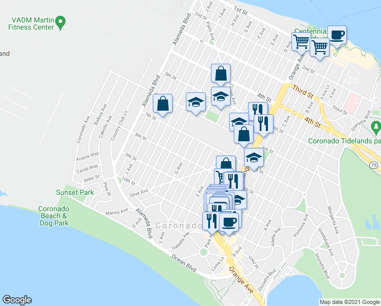 map of restaurants, bars, coffee shops, grocery stores, and more near 744 F Avenue in Coronado