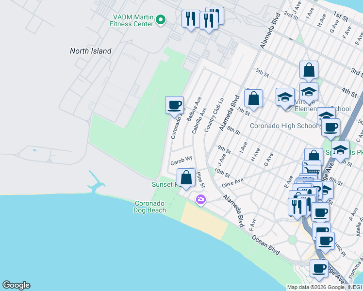 map of restaurants, bars, coffee shops, grocery stores, and more near 141 Acacia Way in Coronado