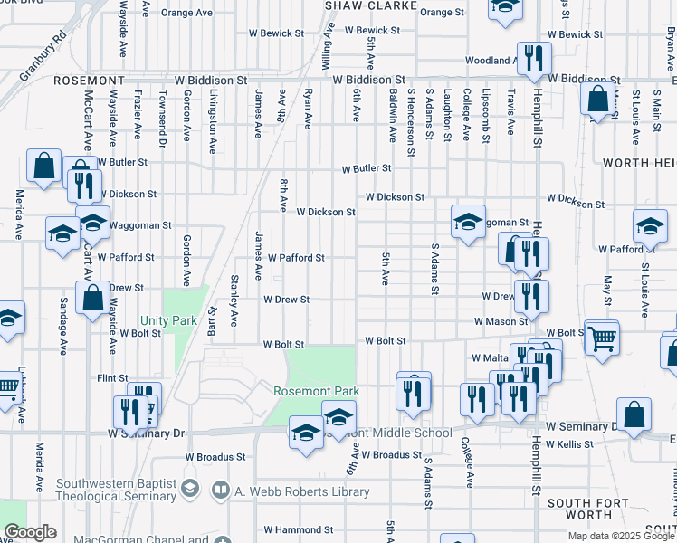 map of restaurants, bars, coffee shops, grocery stores, and more near 3913 Willing Avenue in Fort Worth