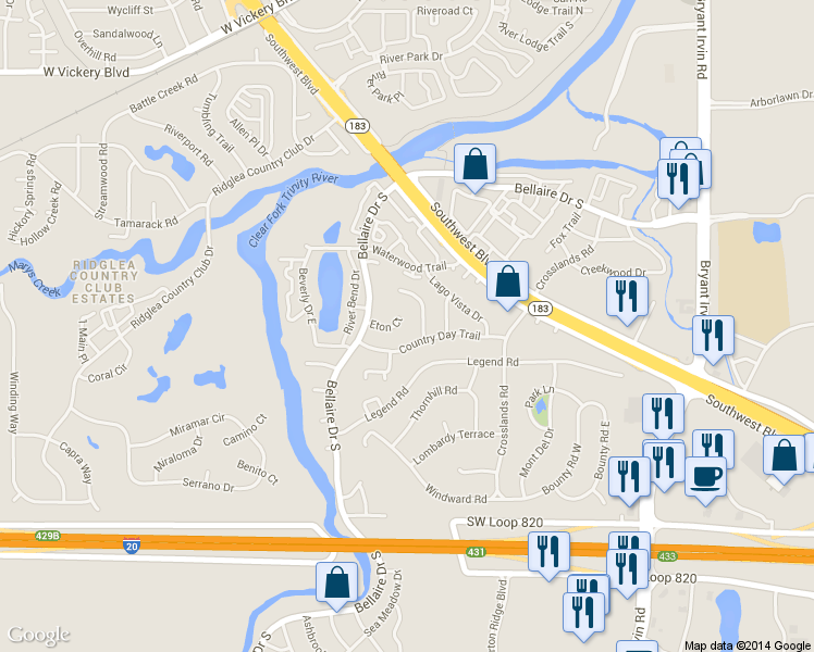 map of restaurants, bars, coffee shops, grocery stores, and more near 6609 Eton Court in Benbrook