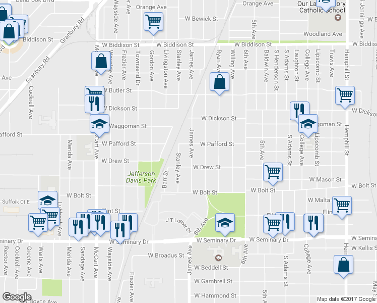 map of restaurants, bars, coffee shops, grocery stores, and more near 3912 James Avenue in Fort Worth