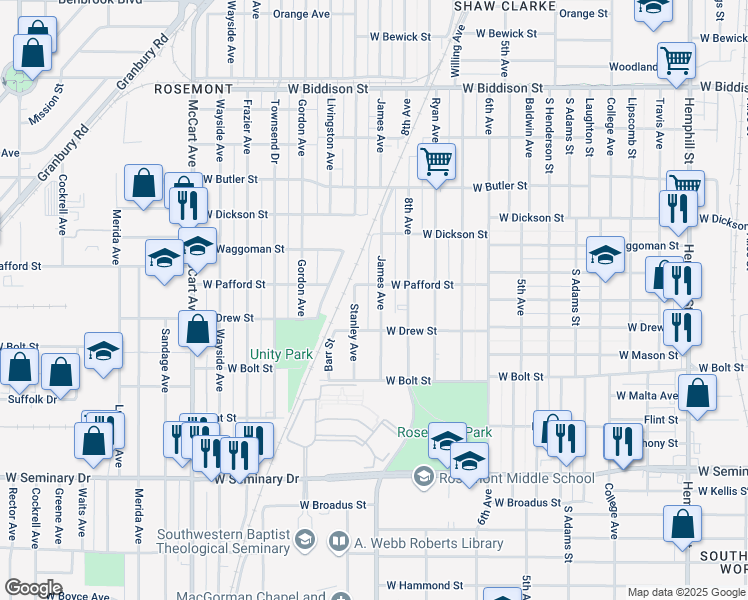 map of restaurants, bars, coffee shops, grocery stores, and more near 3912 James Avenue in Fort Worth
