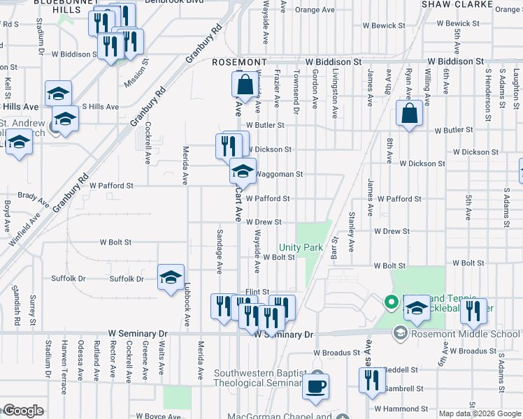 map of restaurants, bars, coffee shops, grocery stores, and more near 3913 Wayside Avenue in Fort Worth