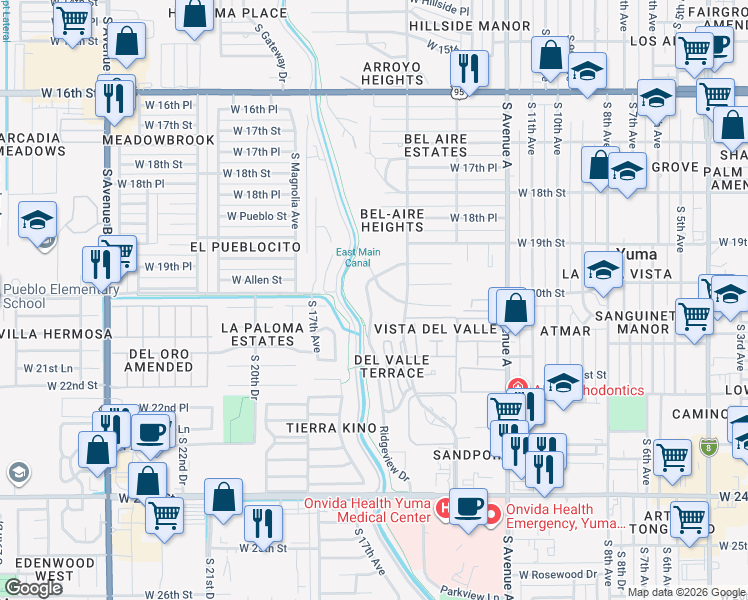 map of restaurants, bars, coffee shops, grocery stores, and more near 1925 Ridgeview Drive in Yuma