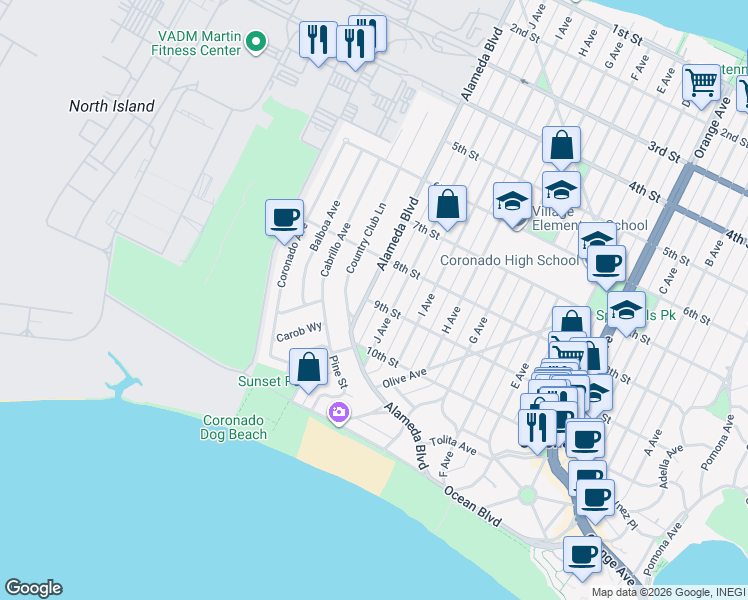 map of restaurants, bars, coffee shops, grocery stores, and more near 305 9th Street in Coronado