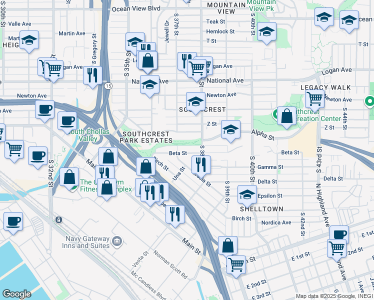 map of restaurants, bars, coffee shops, grocery stores, and more near 3738 Beta Street in San Diego