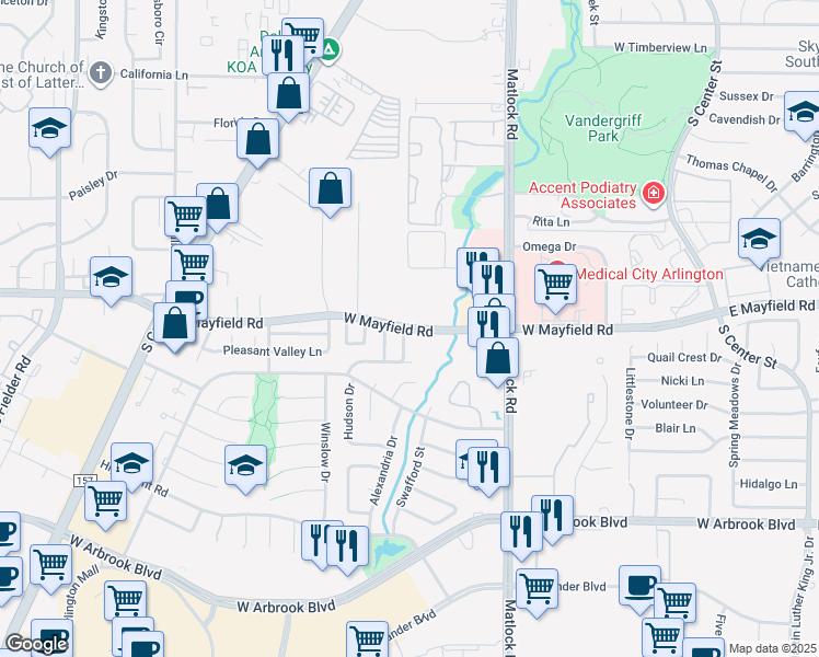 map of restaurants, bars, coffee shops, grocery stores, and more near 815 West Mayfield Road in Arlington